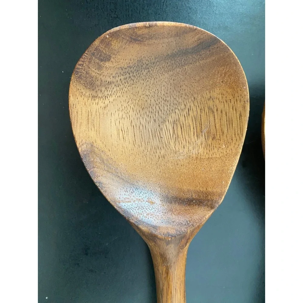 Heavy Wood & Metal Serving Spoons Set Vintage Possibly Nambe K3